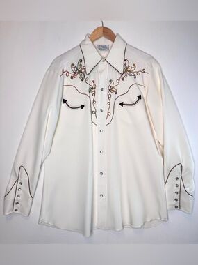 VTG H Bar C California Ranchwear Long‎ Tail Embroidered Pearl Snap Shirt Sz 16.5